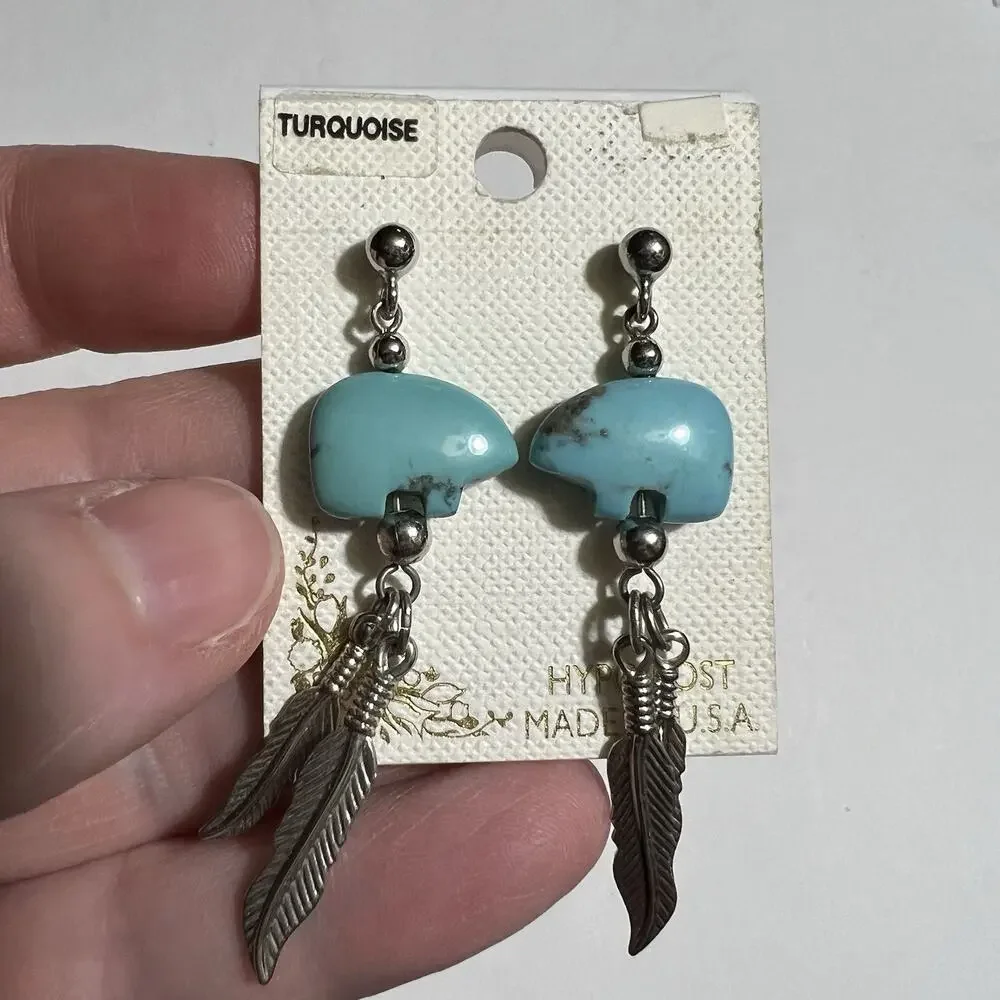 Turquoise Bear Feather Dangle Earrings Silver Tone Hypoallergenic Southwestern